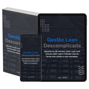 Representação do livro Gestão Lean Descomplicada nos formatos de leitura em tablets, smartphones e livros impressos.