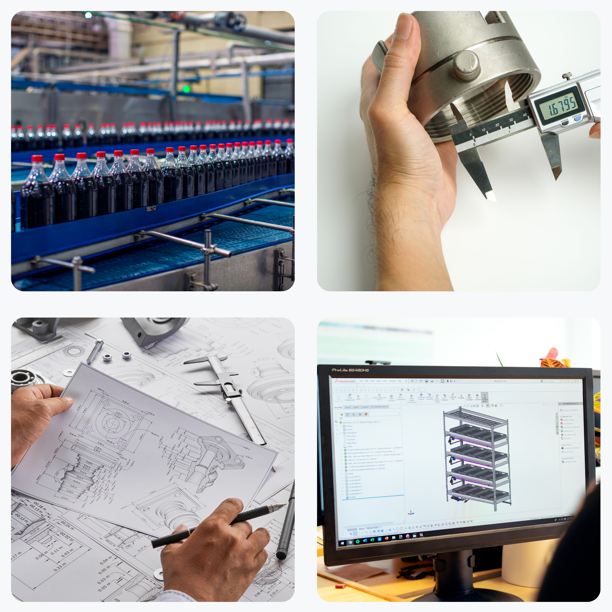 Figuras que retratam conhecimento em processos industriais, metrologia, desenhos técnicos e softwares CAD.
