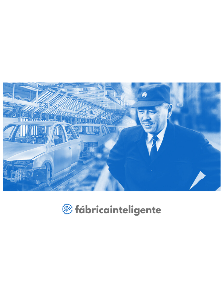 Imagem de Taiichi Ohno, criador do Sistema Toyota de Produção, de onde nasceu a produção enxuta, ao lado de uma linha de montagem de automóveis, nas cores azul e branco.