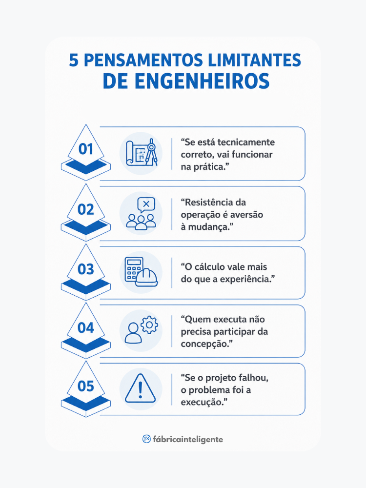 Imagem mostrando cinco pensamentos limitantes de engenheiros em projetos de engenharia e operação.