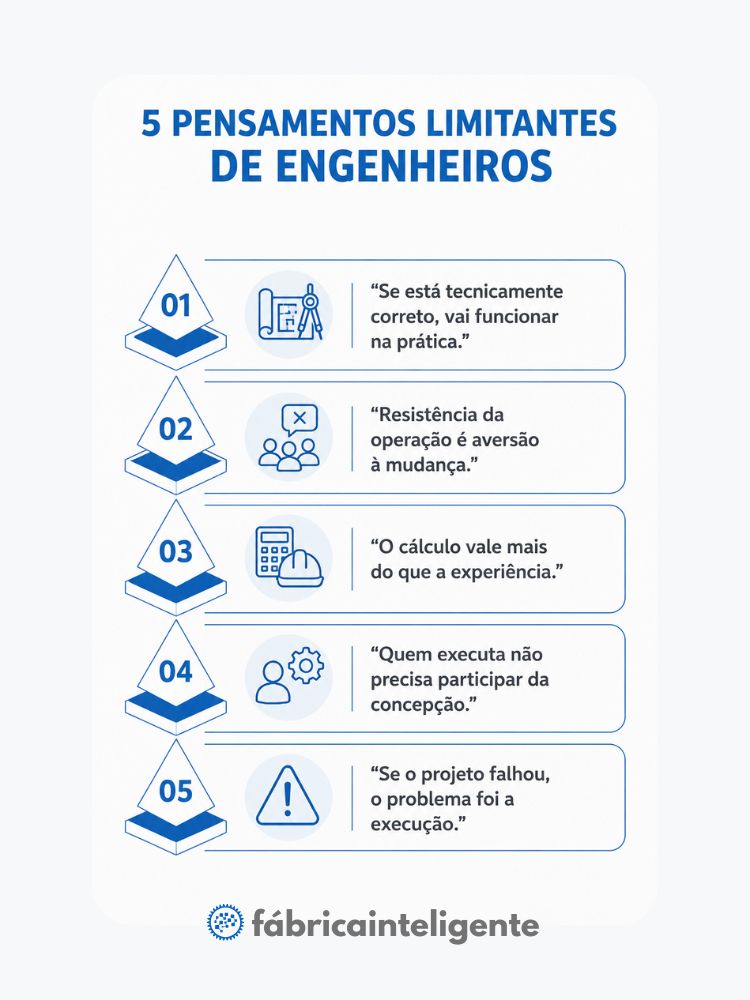 Imagem destacando cinco pensamentos limitantes comuns de engenheiros no conflito entre Engenharia e Operação em projetos industriais.