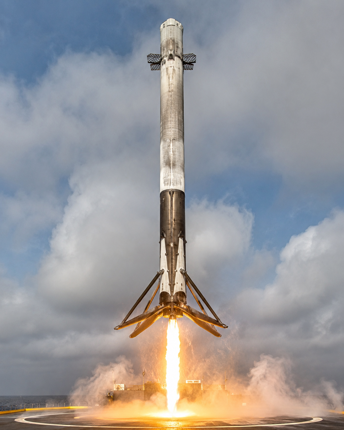 Falcon 9 utilizando tecnologia de retorno e pouso para pousar verticalmente em plataforma de forma intacta e permitindo reaproveitamento pela engenharia aeroespacial.